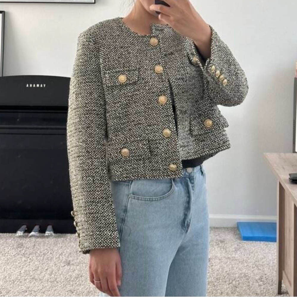 2 piece set- Green/ivory tweed textured collarless blazer cardigan & mini skirt - Picture 13 of 16